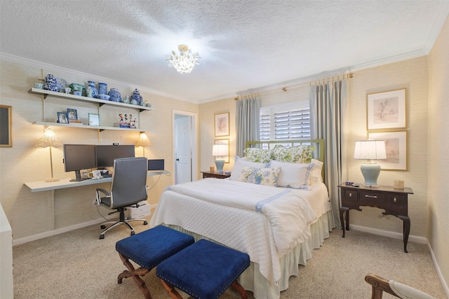 6475 Burgoyne Rd Unit 38, Houston, TX 77057 - carpeted bedroom with crown molding, a desk, baseboards, and a textured ceiling
