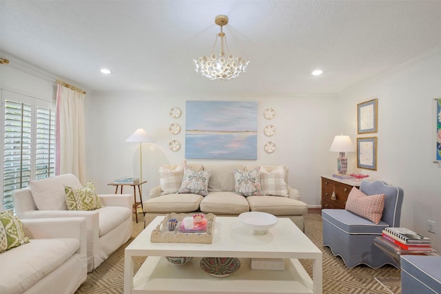 6475 Burgoyne Rd Unit 38, Houston, TX 77057 - living room with ornamental molding, a chandelier, recessed lighting, and baseboards