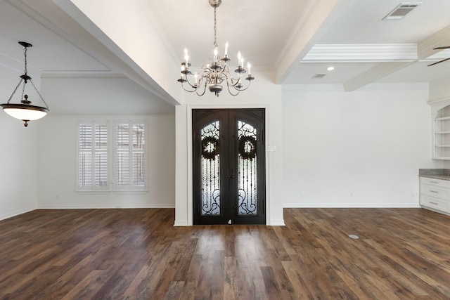 11623 Aspenway Dr, Houston, TX 77070 - foyer entrance with a chandelier, french doors, wood finished floors, baseboards, and ornamental molding