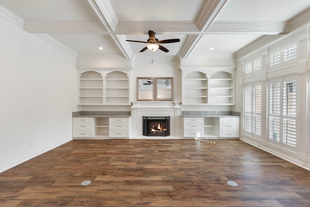 11623 Aspenway Dr, Houston, TX 77070 - unfurnished living room with a ceiling fan, ornamental molding, coffered ceiling, beamed ceiling, and dark wood finished floors