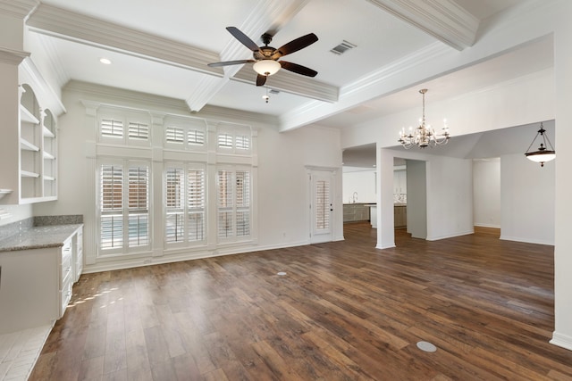 11623 Aspenway Dr, Houston, TX 77070 - unfurnished living room featuring ornamental molding, ceiling fan, beam ceiling, dark wood-style floors, and a chandelier