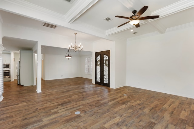 11623 Aspenway Dr, Houston, TX 77070 - unfurnished living room with ceiling fan, dark wood-style flooring, a chandelier, crown molding, and beamed ceiling