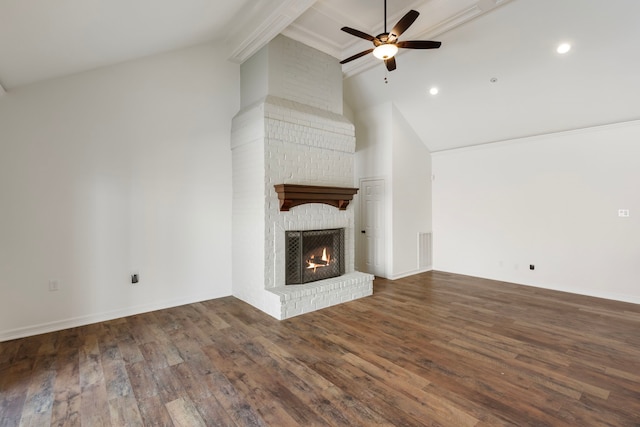11623 Aspenway Dr, Houston, TX 77070 - unfurnished living room with a ceiling fan, beam ceiling, a brick fireplace, high vaulted ceiling, and wood finished floors