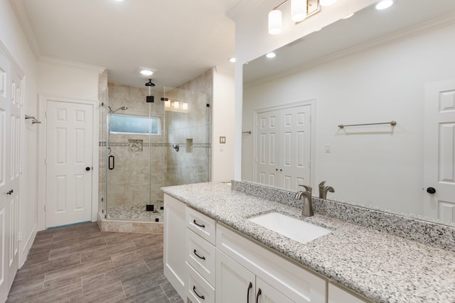 11623 Aspenway Dr, Houston, TX 77070 - full bath featuring vanity, ornamental molding, a stall shower, and recessed lighting