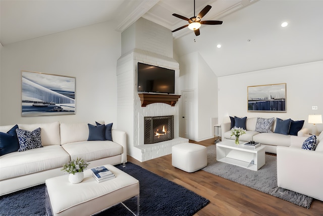 11623 Aspenway Dr, Houston, TX 77070 - living area featuring a ceiling fan, wood finished floors, a fireplace, high vaulted ceiling, and recessed lighting