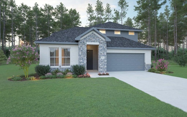 view of front of property with stone siding, driveway, an attached garage, and a front lawn