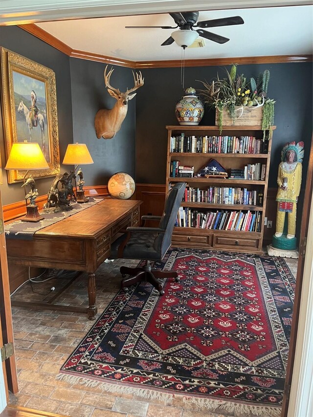 2103 Crescent Coral Dr, League City, TX 77573 - home office with crown molding, a ceiling fan, and brick patterned floors