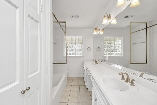 2606 Droxford Dr, Houston, TX 77008 - bathroom featuring tile patterned flooring, double vanity, crown molding, toilet, and baseboards