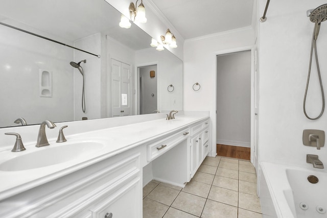 2606 Droxford Dr, Houston, TX 77008 - bathroom featuring tile patterned floors, double vanity, a combined bath / shower with jetted tub, ornamental molding, and baseboards