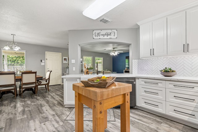 2023 Briar Grove Dr, Conroe, TX 77301 - kitchen with a ceiling fan, light countertops, stainless steel dishwasher, arched walkways, and light wood-style floors