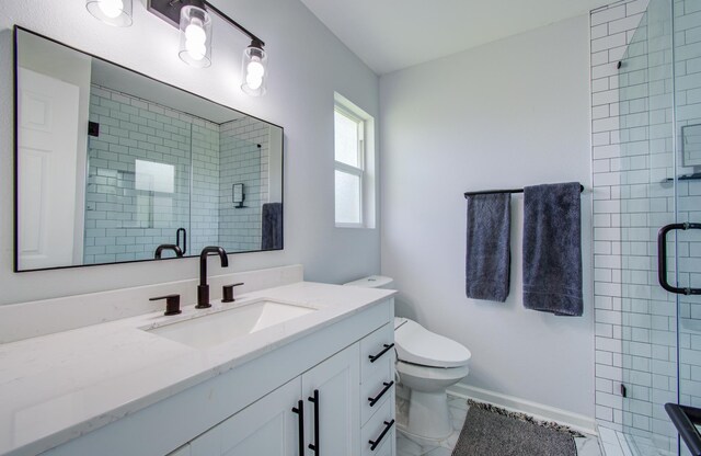 2514 Palo Pinto Dr, Houston, TX 77080 - bathroom featuring vanity, a stall shower, toilet, and marble look tile flooring