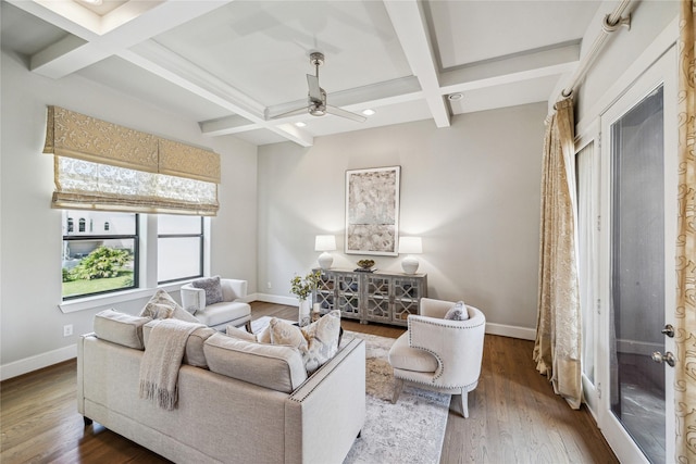 4404 Dickson St Unit B, Houston, TX 77007 - living room featuring coffered ceiling, baseboards, a ceiling fan, beam ceiling, and wood finished floors