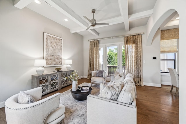 4404 Dickson St Unit B, Houston, TX 77007 - living room with baseboards, beamed ceiling, wood finished floors, ceiling fan, and coffered ceiling