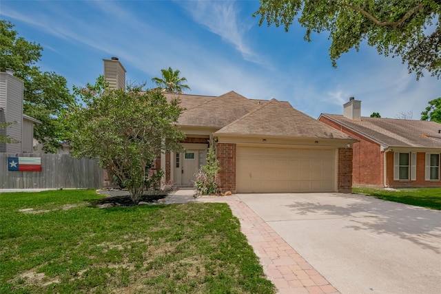 9911 Villa Verde Dr, Houston, TX 77064 - ranch-style home with an attached garage, concrete driveway, brick siding, and a chimney