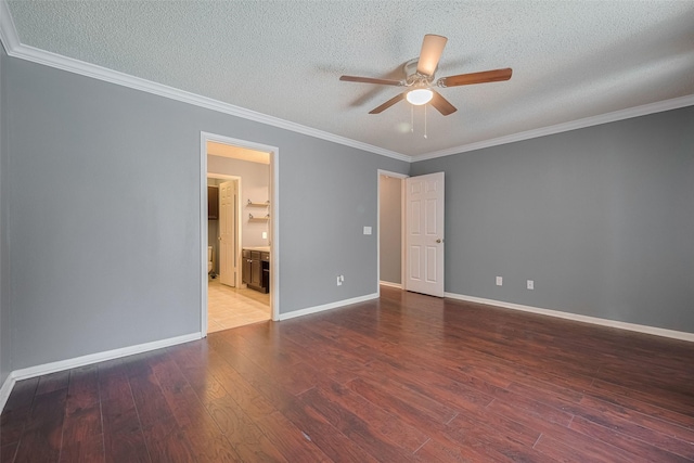 9911 Villa Verde Dr, Houston, TX 77064 - unfurnished bedroom featuring wood finished floors, ornamental molding, a textured ceiling, baseboards, and ceiling fan