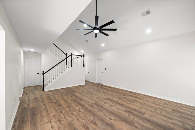 52 S High Oaks Cir, The Woodlands, TX 77380 - unfurnished living room featuring stairway, wood finished floors, a ceiling fan, recessed lighting, and baseboards