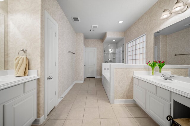 20002 Meadow Arbor Ct, Katy, TX 77450 - full bathroom featuring wallpapered walls, tile patterned floors, vanity, a shower, and a bath