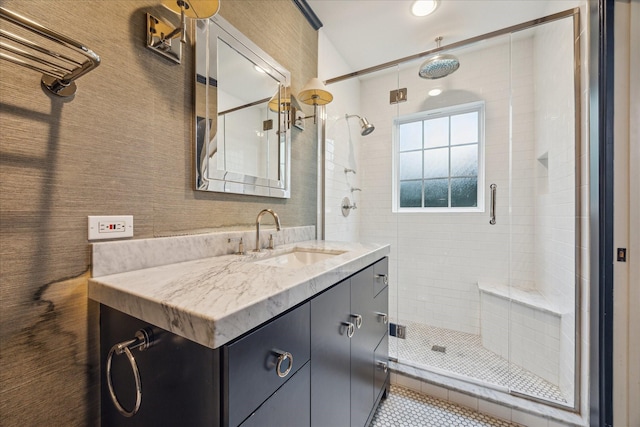 2618 Sunset Blvd, West University Place, TX 77005 - full bathroom featuring a stall shower, vanity, and tile patterned flooring