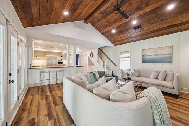 2618 Sunset Blvd, West University Place, TX 77005 - living room with wooden ceiling, a ceiling fan, recessed lighting, dark wood-type flooring, and stairway