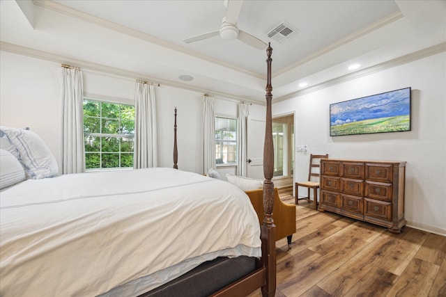2618 Sunset Blvd, West University Place, TX 77005 - bedroom featuring ornamental molding, light wood finished floors, multiple windows, a raised ceiling, and a ceiling fan