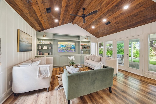 2618 Sunset Blvd, West University Place, TX 77005 - living room with wooden ceiling, wood finished floors, a ceiling fan, built in features, and french doors
