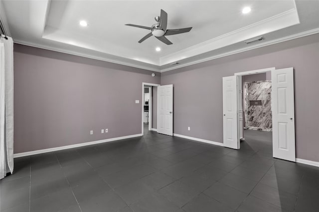 14834 Plantation Oak Dr, Houston, TX 77068 - unfurnished bedroom with a tray ceiling, ornamental molding, baseboards, recessed lighting, and ceiling fan