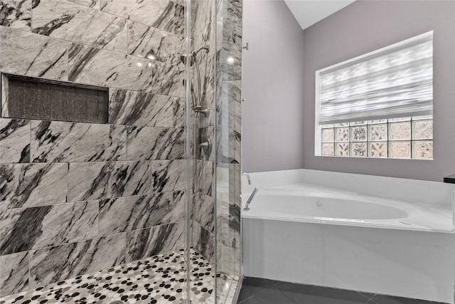14834 Plantation Oak Dr, Houston, TX 77068 - full bath with a bath, a stall shower, and vaulted ceiling
