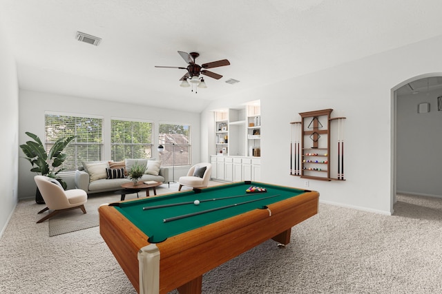 1807 Rustic Hills Ct, Sugar Land, TX 77479 - recreation room featuring carpet flooring, arched walkways, ceiling fan, baseboards, and billiards table