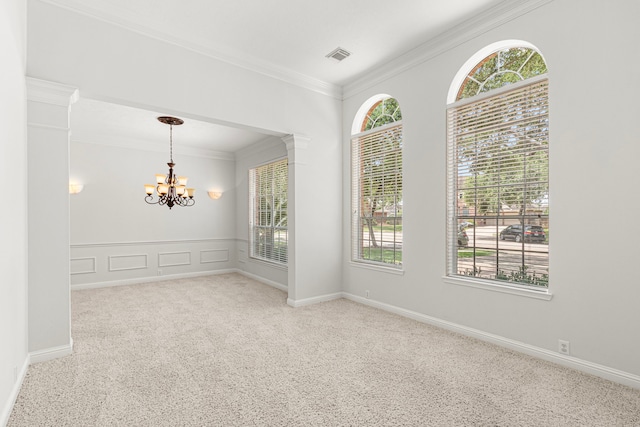 1807 Rustic Hills Ct, Sugar Land, TX 77479 - unfurnished room with a chandelier, healthy amount of natural light, crown molding, and carpet floors