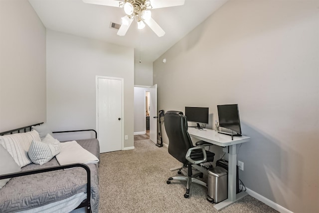 20810 Oak Rain Ct, Katy, TX 77449 - home office featuring ceiling fan, carpet flooring, baseboards, and high vaulted ceiling
