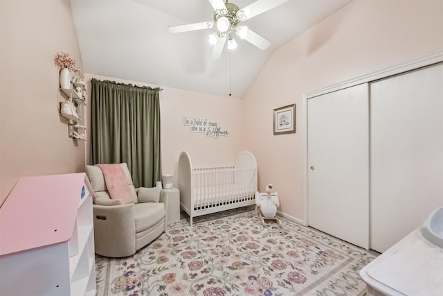 20810 Oak Rain Ct, Katy, TX 77449 - bedroom featuring lofted ceiling, a nursery area, a closet, and a ceiling fan