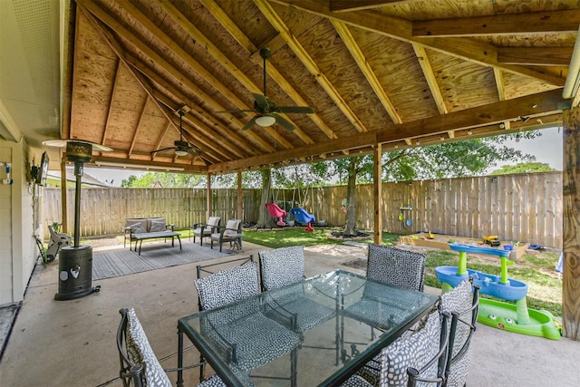 20810 Oak Rain Ct, Katy, TX 77449 - view of patio / terrace featuring outdoor dining space, ceiling fan, a fenced backyard, and an outdoor hangout area