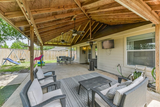 20810 Oak Rain Ct, Katy, TX 77449 - view of patio featuring outdoor dining space, a fenced backyard, an outdoor hangout area, and a ceiling fan