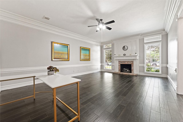 17414 Naremore Ct, Spring, TX 77379 - unfurnished living room with ceiling fan, crown molding, dark wood-style floors, a fireplace, and baseboards