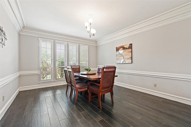 17414 Naremore Ct, Spring, TX 77379 - dining room featuring ornamental molding, a chandelier, dark wood finished floors, and baseboards