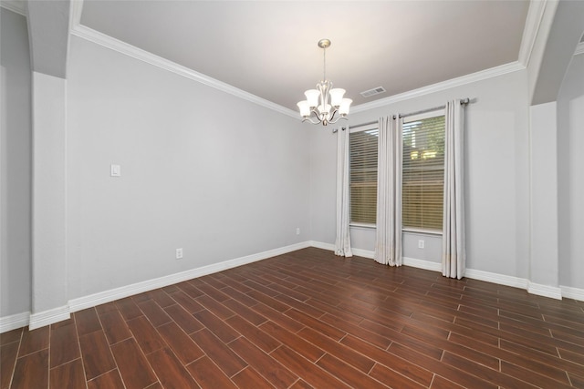 21606 Hansom Dr, Porter, TX 77365 - spare room featuring a chandelier, baseboards, crown molding, and dark wood-type flooring