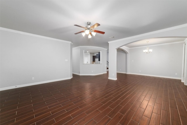 21606 Hansom Dr, Porter, TX 77365 - unfurnished living room with ceiling fan, arched walkways, a chandelier, baseboards, and crown molding