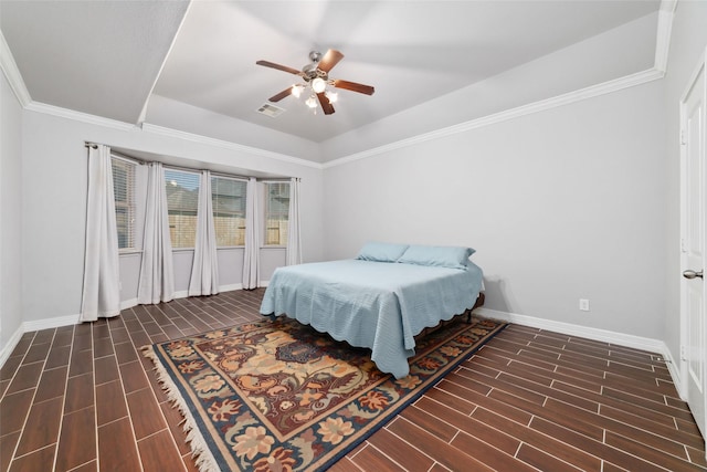 21606 Hansom Dr, Porter, TX 77365 - bedroom with baseboards, wood tiled floors, a ceiling fan, and crown molding