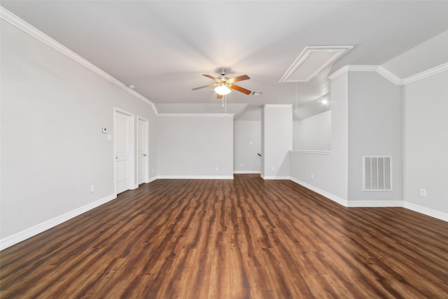 21606 Hansom Dr, Porter, TX 77365 - unfurnished living room featuring attic access, ornamental molding, ceiling fan, baseboards, and dark wood-style floors