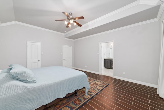 21606 Hansom Dr, Porter, TX 77365 - bedroom with baseboards, ornamental molding, dark wood-style flooring, ceiling fan, and ensuite bathroom