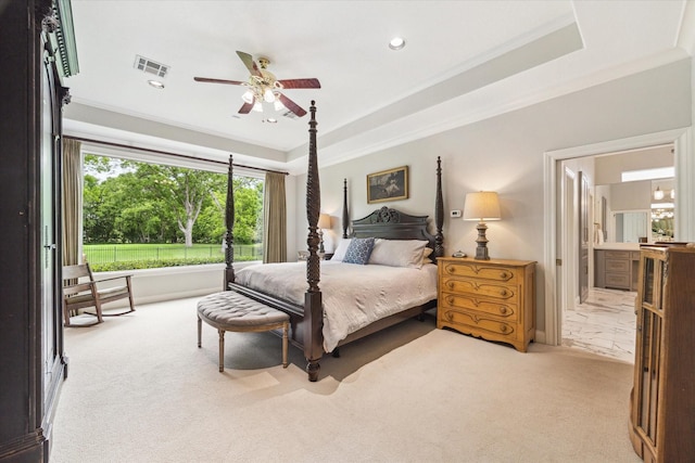 4323 Colony W Dr, Richmond, TX 77406 - carpeted bedroom with a tray ceiling, crown molding, recessed lighting, ensuite bathroom, and ceiling fan