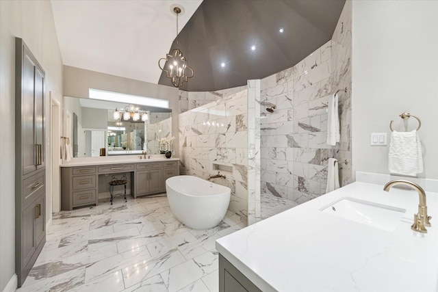 4323 Colony W Dr, Richmond, TX 77406 - bathroom featuring a chandelier, a walk in shower, marble finish floors, and a freestanding bath