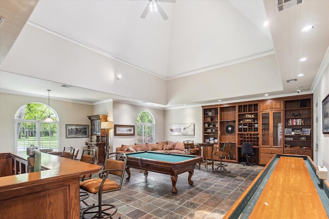 4323 Colony W Dr, Richmond, TX 77406 - playroom with recessed lighting, billiards, stone finish flooring, ceiling fan, and a towering ceiling
