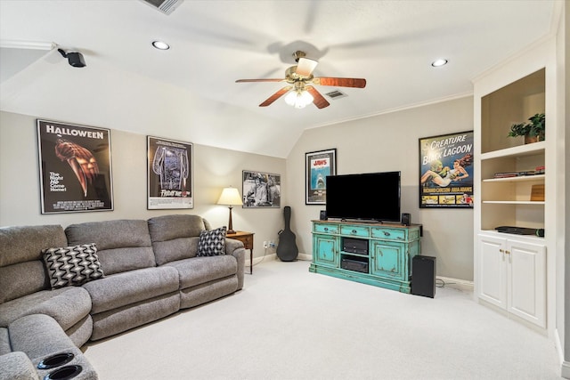 4323 Colony W Dr, Richmond, TX 77406 - living room featuring ceiling fan, baseboards, carpet flooring, recessed lighting, and vaulted ceiling