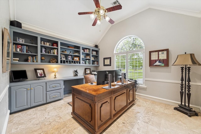 4323 Colony W Dr, Richmond, TX 77406 - office space featuring a ceiling fan, lofted ceiling, and baseboards