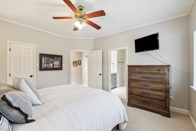 4323 Colony W Dr, Richmond, TX 77406 - bedroom featuring light colored carpet, baseboards, crown molding, ensuite bath, and ceiling fan