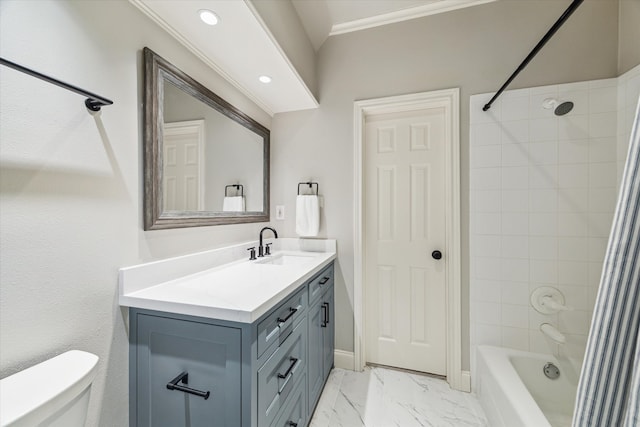 4323 Colony W Dr, Richmond, TX 77406 - full bathroom with toilet, marble look tile flooring, vanity, shower / bath combo with shower curtain, and crown molding