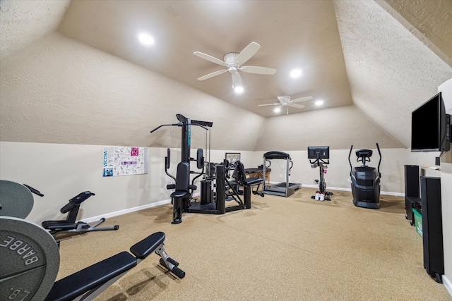 4323 Colony W Dr, Richmond, TX 77406 - exercise area featuring lofted ceiling, a ceiling fan, baseboards, a textured ceiling, and carpet
