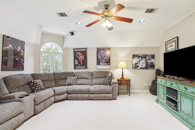 4323 Colony W Dr, Richmond, TX 77406 - living room with vaulted ceiling, baseboards, a ceiling fan, carpet floors, and ornamental molding