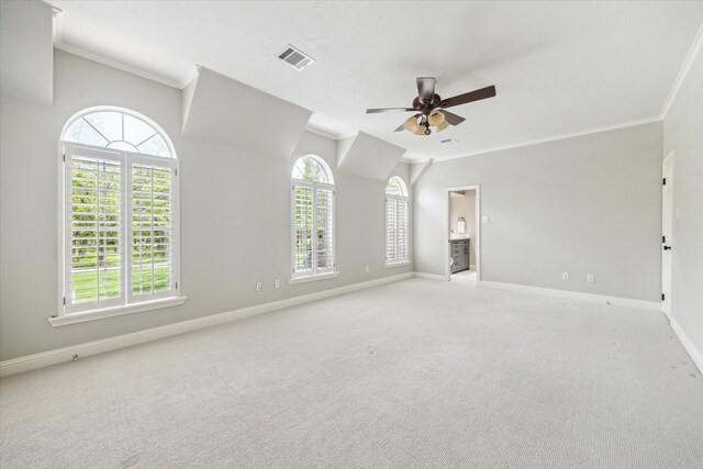 4323 Colony W Dr, Richmond, TX 77406 - carpeted spare room with crown molding, vaulted ceiling, baseboards, and ceiling fan